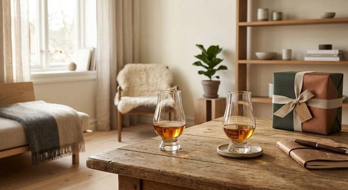 Elegante whiskyglas med gylden whisky anrettet som en whiskysmagning gave på et nordisk træbord